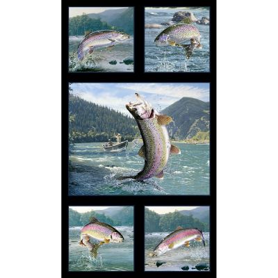 Tight Lines~Trout Jumping Panel 24" x44" Cotton Fabric by Elizabeth's Studio Image 1