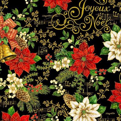 Timeless Treasures Holiday Christmas Bell Poinsettia Text Black Cotton Fabric Image 1