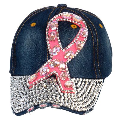 Top Headwear Breast Cancer Awareness Pink Ribbon Studded Baseball Cap - Dark Denim Image 1