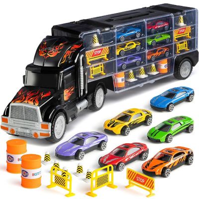 Toy Truck Transport Car Carrier - Includes 6 Toy Cars and 11 Accessories - Fits 28 Toy Car Slots Image 1