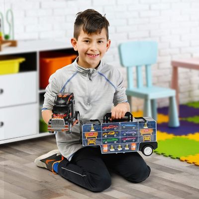 Toy Truck Transport Car Carrier - Includes 6 Toy Cars and 11 Accessories - Fits 28 Toy Car Slots Image 3