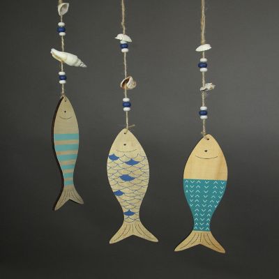 Transpac Set of 3 Hanging Wooden Fish Wall Decor Nautical Beach House Art Decorations Image 1