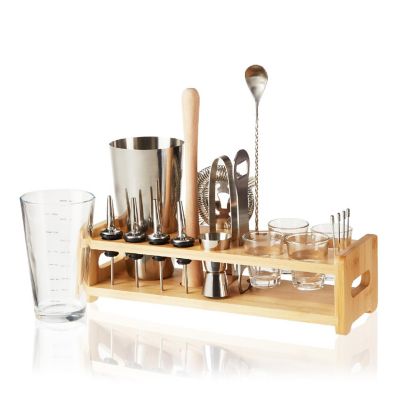 True Barware Bar Kit with Shaker, Mixing Glass, Muddler, Double Jigger & More, Stainless Steel, Glass, Set of 20 Image 1