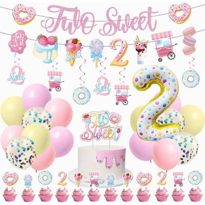 Two Sweet Ice Cream and Donut Themed Birthday Party Decorations with Cake Toppers and Balloons Image 1