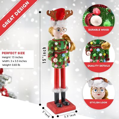 Ugly Sweater Nutcracker Red and Green Wooden Nutcracker Woman with an Ugly Sweater and Reindeer Hat Image 1