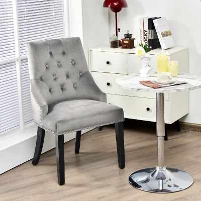 Velvet Dining Chair Upholstered Tufted Armless w/ Nailed Trim & Ring Pull Grey Image 1