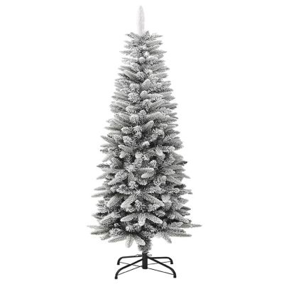 vidaXL 4' White/Green PVC/PE/Steel Artificial Slim Christmas Tree with Flocked Snow Image 1