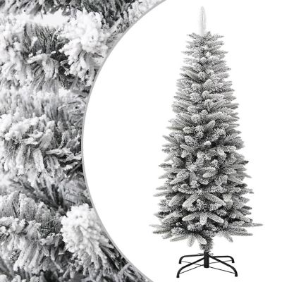vidaXL 4' White/Green PVC/PE/Steel Artificial Slim Christmas Tree with Flocked Snow Image 1