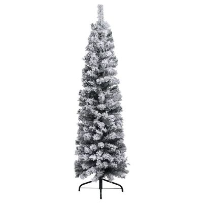 vidaXL 5' Green Slim Artificial Christmas Tree with 150pc LED Lights & 61pc White/Gray Ornament Set Image 1