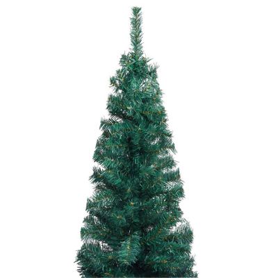 vidaXL 5' Green Slim Artificial Christmas Tree with LED Lights & 61pc White/Gray Ornament Set Image 2