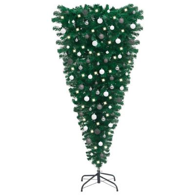 vidaXL 5' Green Upside-down Artificial Christmas Tree with LED Lights & 61pc White/Gray Ornament Set Image 1