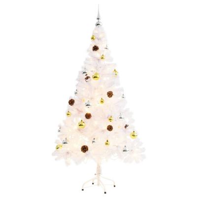 VidaXL 5' White Artificial Christmas Tree with LED Lights & 40pc Gold/Silver Bauble Set Image 1