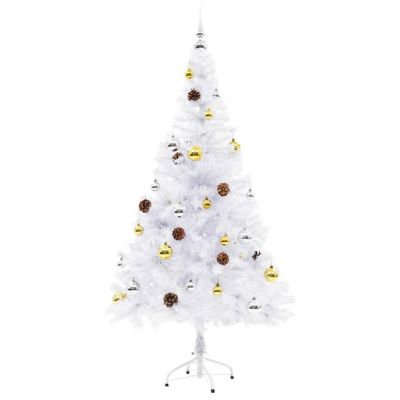 VidaXL 5' White Artificial Christmas Tree with LED Lights & 40pc Gold/Silver Bauble Set Image 2