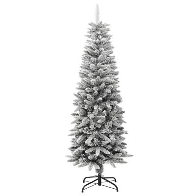 vidaXL 5' White/Green PVC/PE/Steel Artificial Slim Christmas Tree with Flocked Snow Image 1