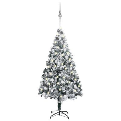 VidaXL 6' Green Artificial Christmas Tree with LED Lights & 61pc White/Gray Ornament Set Image 1