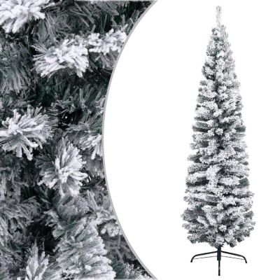 vidaXL 6' Green PVC Slim Artificial Christmas Tree with Flocked Snow Image 1