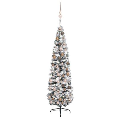 vidaXL 6' Green PVC/Steel/Plastic Slim Artificial Christmas Tree with LED Lights & 61pc Gold Ornament Set Image 1