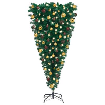 vidaXL 6' Green Upside-down Artificial Christmas Tree with LED Lights & 61pc Gold/Bronze Ornament Set Image 1