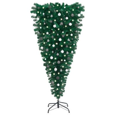 vidaXL 6' Green Upside-down Artificial Christmas Tree with LED Lights & 61pc White/Gray Ornament Set Image 1