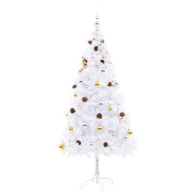 VidaXL 6' White Artificial Christmas Tree with LED Lights & 60pc Gold/Silver Bauble Set Image 2
