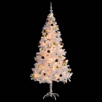 VidaXL 6' White Artificial Christmas Tree with LED Lights & 60pc Gold/Silver Bauble Set Image 3