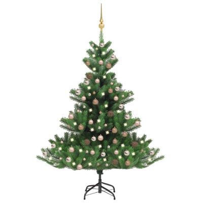 vidaXL 7' Green Nordmann Fir Artificial Christmas Tree with LED Lights & 61pc Gold Ornament Set Image 1