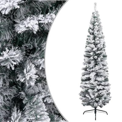 vidaXL 7' Green PVC Slim Artificial Christmas Tree with Flocked Snow Image 1
