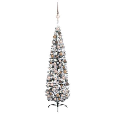 vidaXL 7' Green PVC/Steel/Plastic Slim Artificial Christmas Tree with 150pc LED Lights & 61pc Gold Ornament Set Image 1