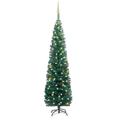 vidaXL 7' Green Slim Artificial Christmas Tree with LED Lights & 61pc Gold/Bronze Ornament Set Image 1