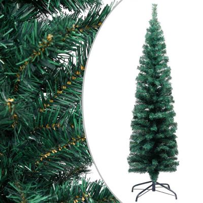 vidaXL 7' Green Slim Artificial Christmas Tree with LED Lights & 61pc Gold/Bronze Ornament Set Image 1
