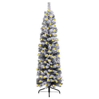 vidaXL 7' Green Slim Christmas Tree with LED Lights & Flocked Snow Image 1