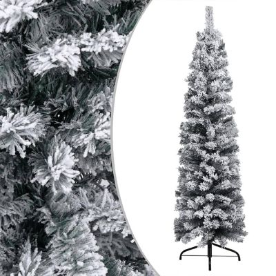 vidaXL 7' Green Slim Christmas Tree with LED Lights & Flocked Snow Image 1