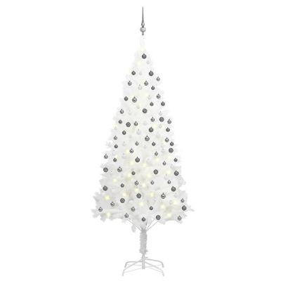 VidaXL 7' White Artificial Christmas Tree with LED Lights & 120pc White/Gray Ornament Set Image 1