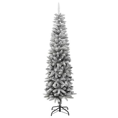vidaXL 7' White/Green PVC/PE/Steel Artificial Slim Christmas Tree with Flocked Snow Image 1