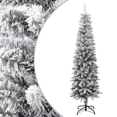 vidaXL 7' White/Green PVC/PE/Steel Artificial Slim Christmas Tree with Flocked Snow Image 1