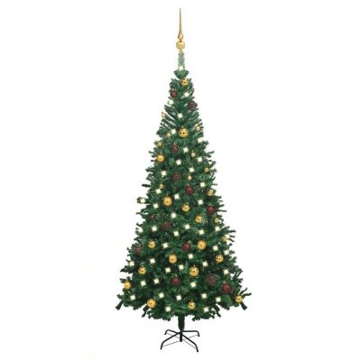 VidaXL 8' Green Artificial Christmas Tree with LED Lights & 120pc Gold/Bronze Ornament & 1300pc Branch Set Image 1
