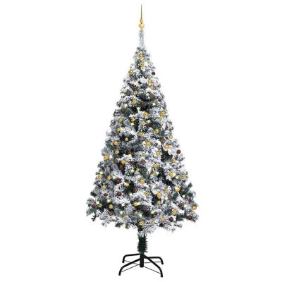 VidaXL 8' Green Artificial Christmas Tree with LED Lights & 120pc Gold/Bronze Ornament Set Image 1