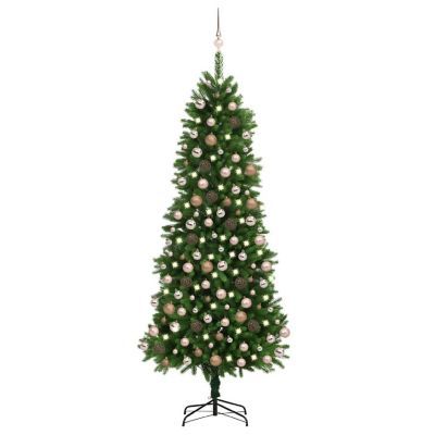 VidaXL 8' Green Artificial Christmas Tree with LED Lights & Gold/Bronze Ornament & 1560pc Branch Set Image 1