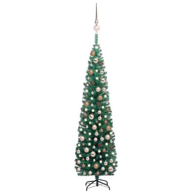 vidaXL 8' Green PVC/Steel/Plastic Slim Artificial Christmas Tree with LED Lights & 61pc Ornament Set Image 1