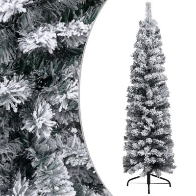 vidaXL 8' Green PVC/Steel/Plastic Slim Artificial Christmas Tree with LED Lights & Gold/Bronze Ornament Set Image 1