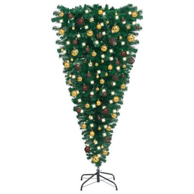vidaXL 8' Green Upside-down Artificial Christmas Tree with LED Lights & 61pc Gold/Bronze Ornament Set Image 1