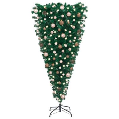 vidaXL 8' Green Upside-down Artificial Christmas Tree with LED Lights & 61pc Gold Ornament Set Image 1