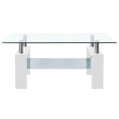 vidaXL Coffee Table White and Transparent 37.4"x21.7"x15.7" Tempered Glass Image 2