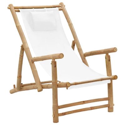 vidaXL Deck Chair Bamboo and Canvas Cream White Image 1