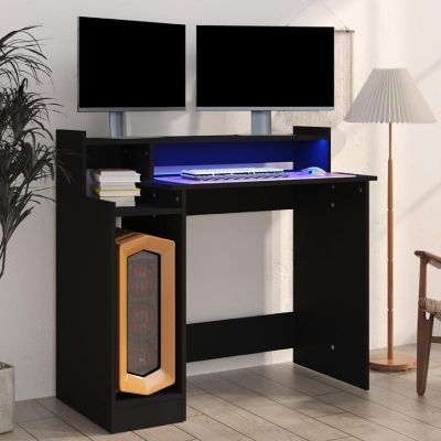 vidaXL Desk with LED Lights Black 38.2"x17.7"x35.4" Engineered Wood Image 1