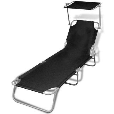 vidaXL Folding Sun Lounger with Canopy Steel and Fabric Black Image 1