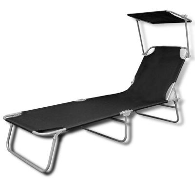 vidaXL Folding Sun Lounger with Canopy Steel and Fabric Black Image 2