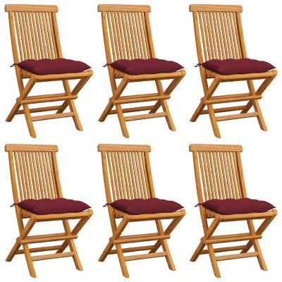 vidaXL Outdoor Chairs with Wine Red Cushions 6 pcs Solid Teak Wood Image 1