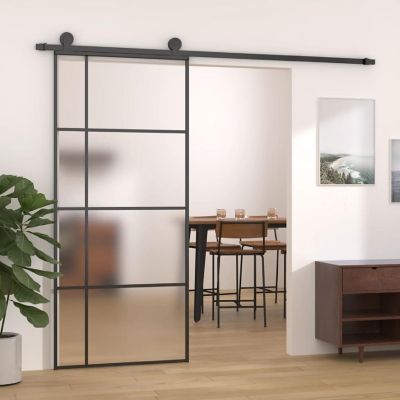 vidaXL Sliding Door Frosted ESG Glass and Aluminum 35.4"x80.7" Black Image 1