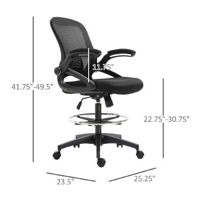 Vinsetto Drafting Office Chair Lumbar Support Flip Up Armrests Footrest Ring and Adjustable Seat Height Black Image 3